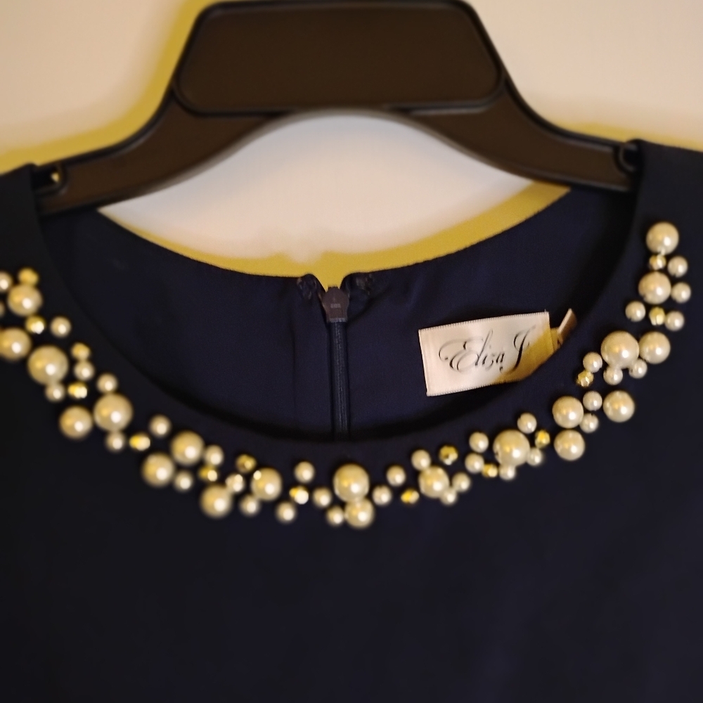 Elegant Navy Blue Sleeveless Dress From Eliza J with Embellished Neckline - Picture 3 of 6